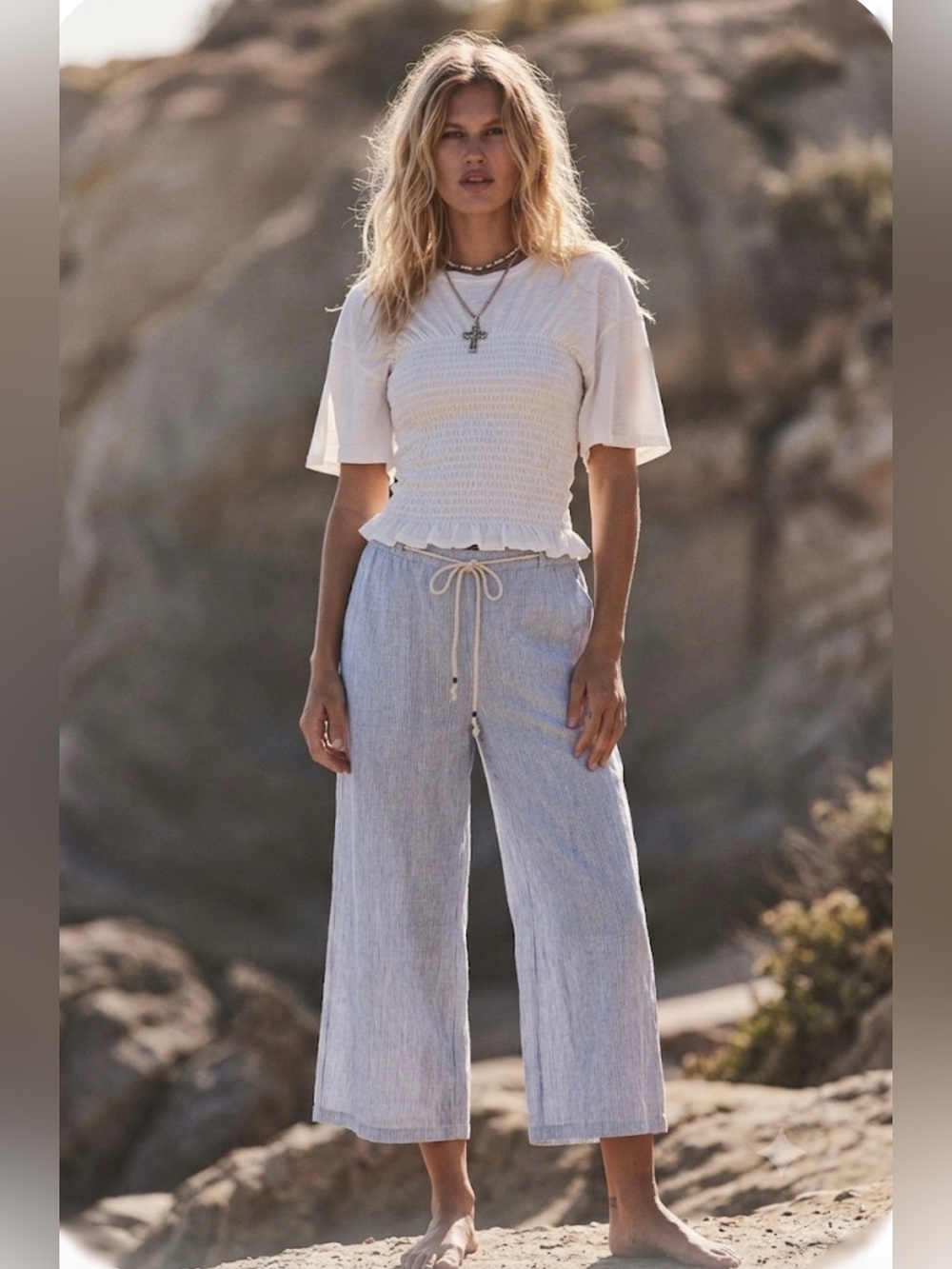 Tahari Blue & White Striped Linen Wide-Leg Pants